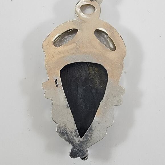 Artisan Black Jasper Pendant With Freshwater Pearl Accents on a 20" Silver Chain - Picture 3 of 10